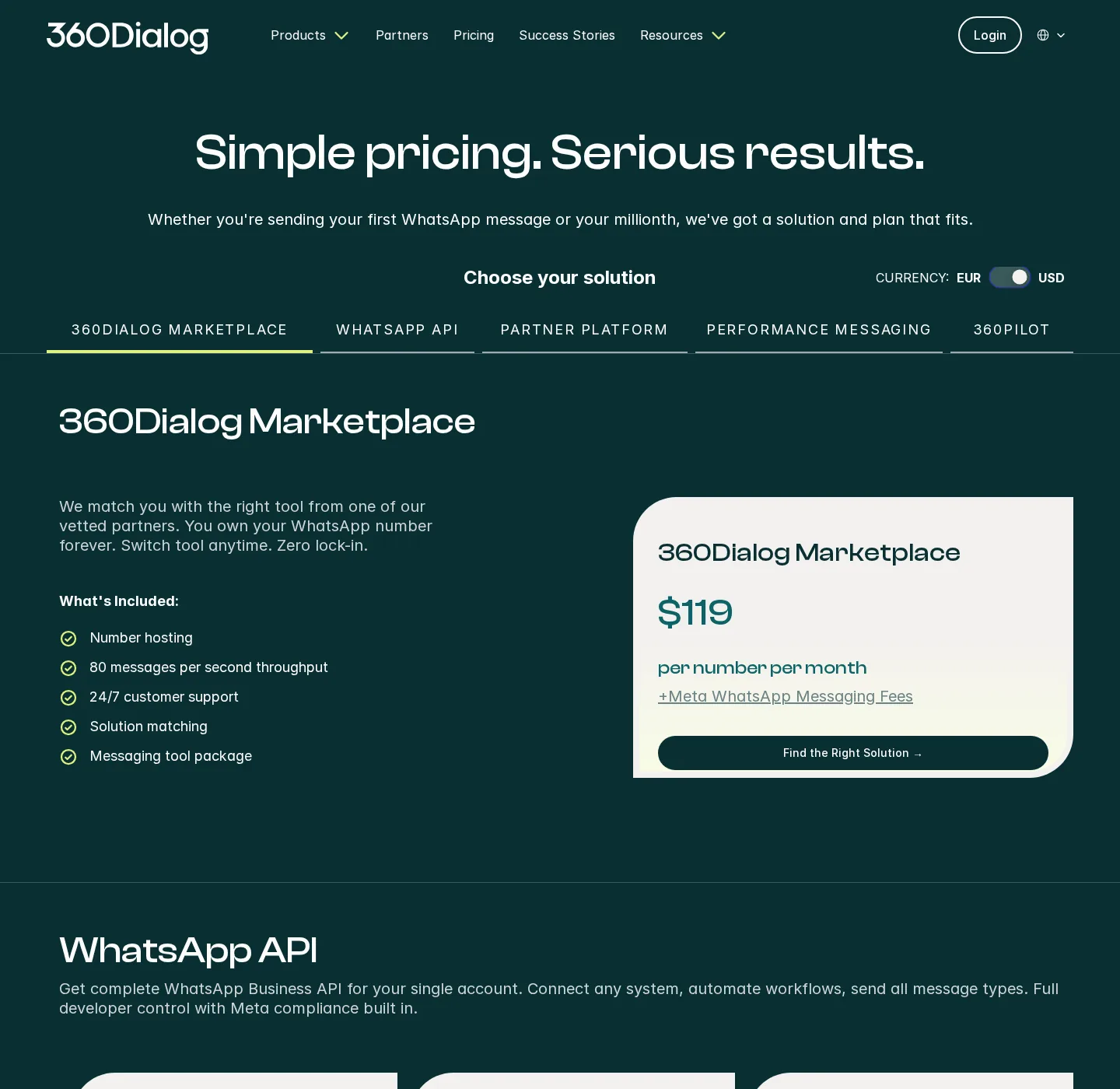 Card do 360Dialog Marketplace a US$ 119 por número/mês, incluindo hospedagem do número, 80 mensagens por segundo, suporte 24/7 e pacote com ferramenta de mensagens de parceiro.