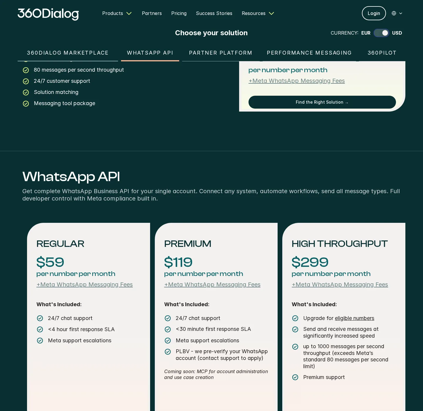 Página oficial de preços do 360dialog exibindo os planos de WhatsApp API: Regular a US$ 59, Premium a US$ 119 e High Throughput a US$ 299 por número/mês, todos somando as tarifas de mensagens da Meta.