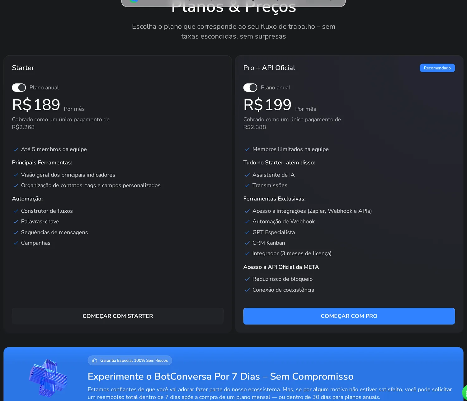 Página de planos do BotConversa, plataforma brasileira de atendimento e automação por WhatsApp.