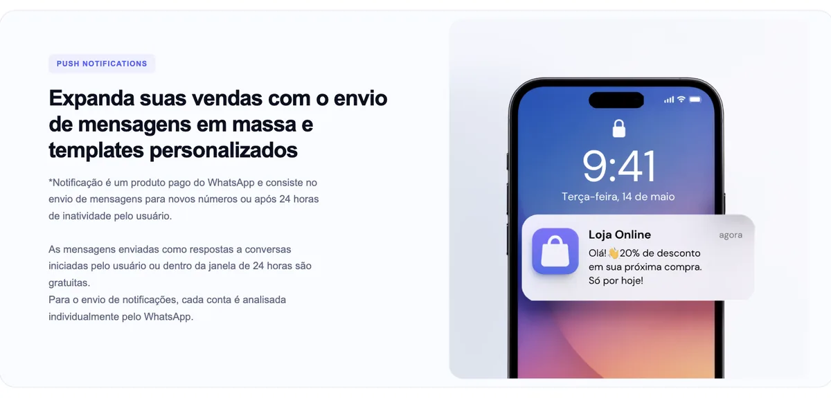 Seção de notificações da página de preços da Botmaker, com o título sobre envio de mensagens em massa e a nota de rodapé explicando que notificação é produto pago do WhatsApp, sem nenhum valor de margem visível.