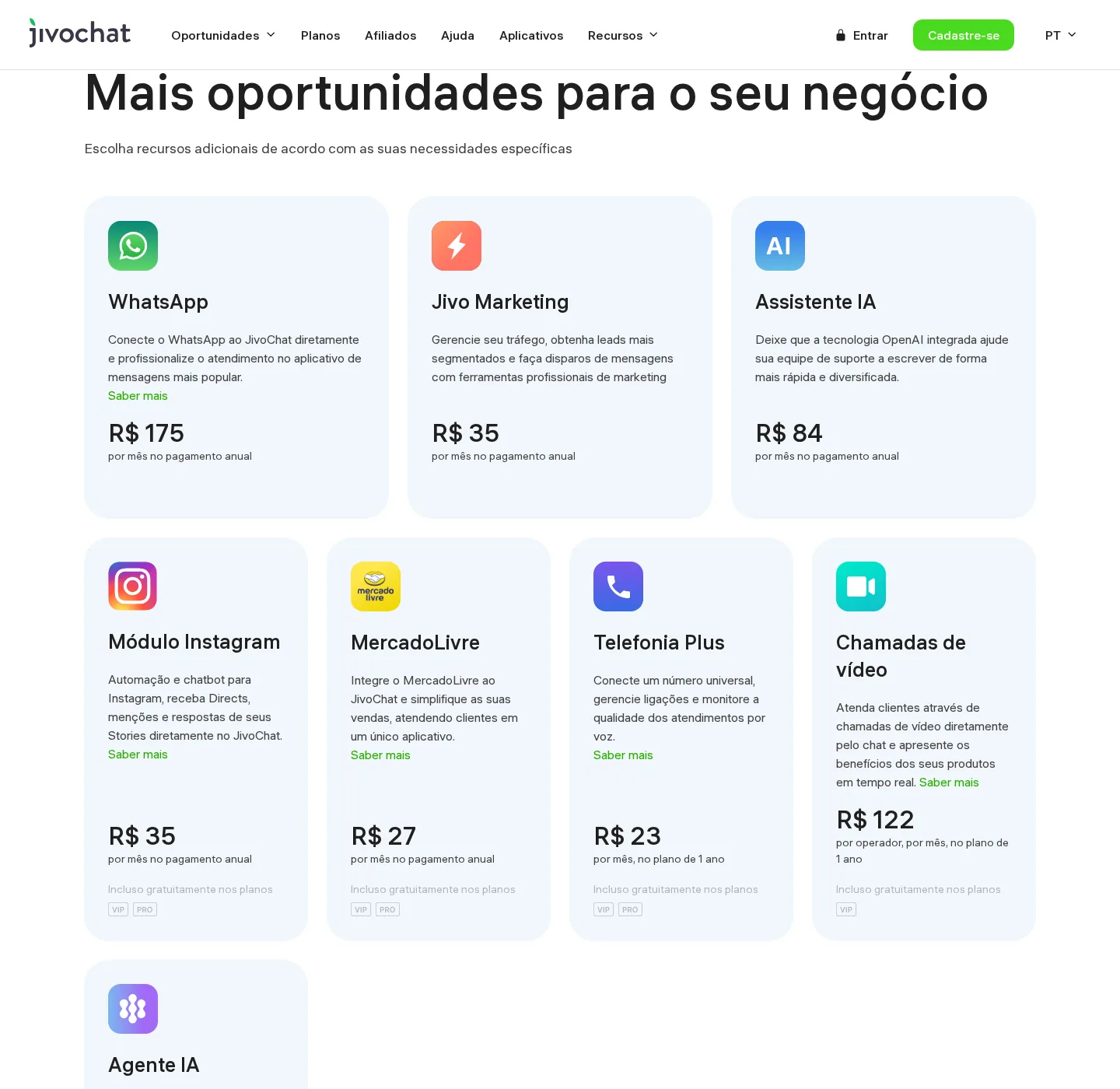 Vitrine de módulos adicionais do JivoChat com o WhatsApp a R$ 175 por mês no pagamento anual, ao lado de Jivo Marketing (R$ 35), Assistente IA (R$ 84) e módulo Instagram (R$ 35).