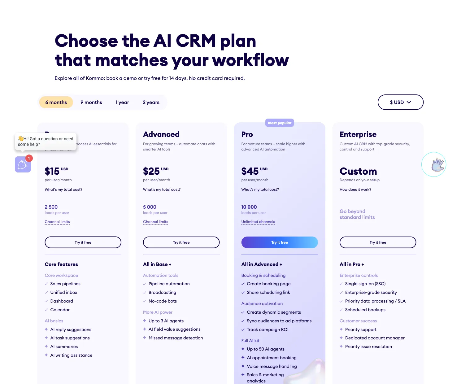 Página de planos do Kommo, CRM de mensagens com caixa unificada de WhatsApp.