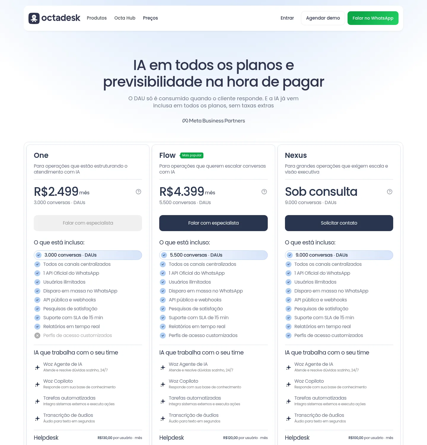 Página de preços da Octadesk, com os planos cobrados por conversas e DAUs.