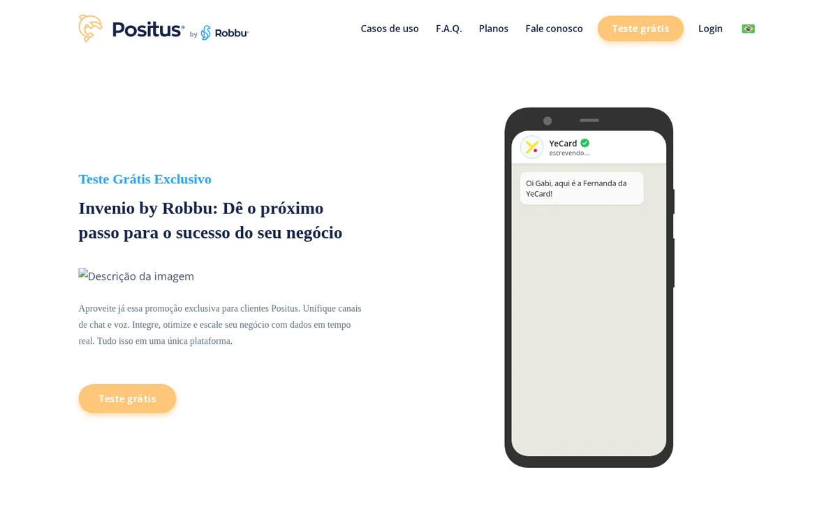Página inicial da Positus em português oferecendo a criação de conta grátis de WhatsApp Business API, com o botão de teste grátis no topo.
