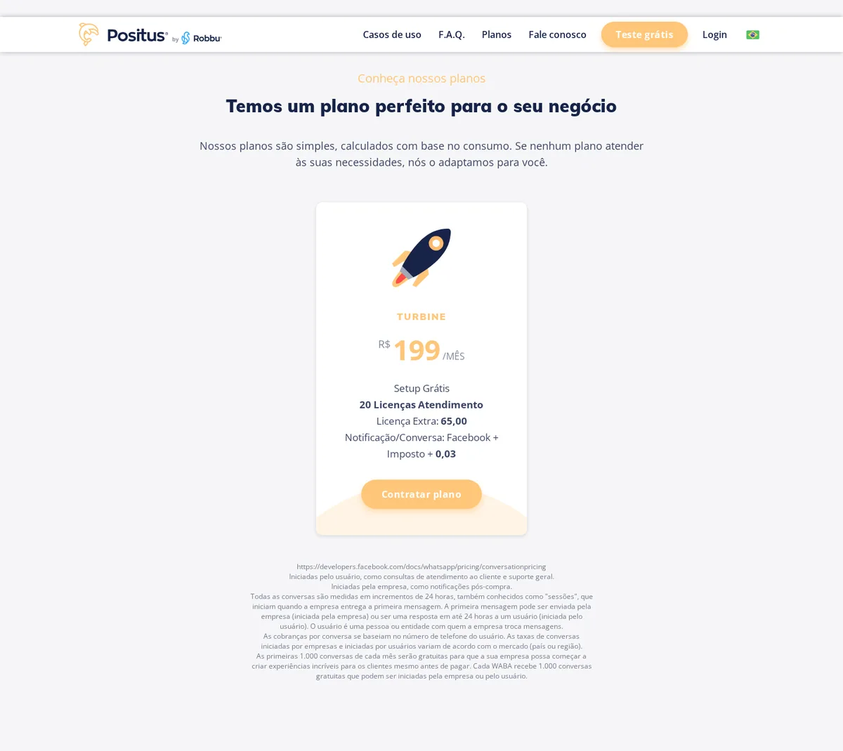 Card de planos da Positus em português: plano Turbine a R$ 199 por mês com setup grátis, 20 licenças de atendimento, licença extra a R$ 65 e notificação cobrada como Facebook mais imposto mais R$ 0,03.