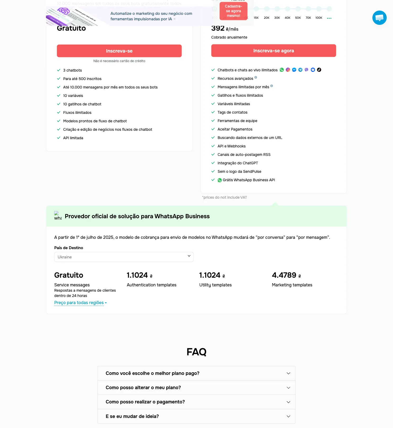 Página de planos da SendPulse, com plano grátis e WhatsApp Business API oficial.