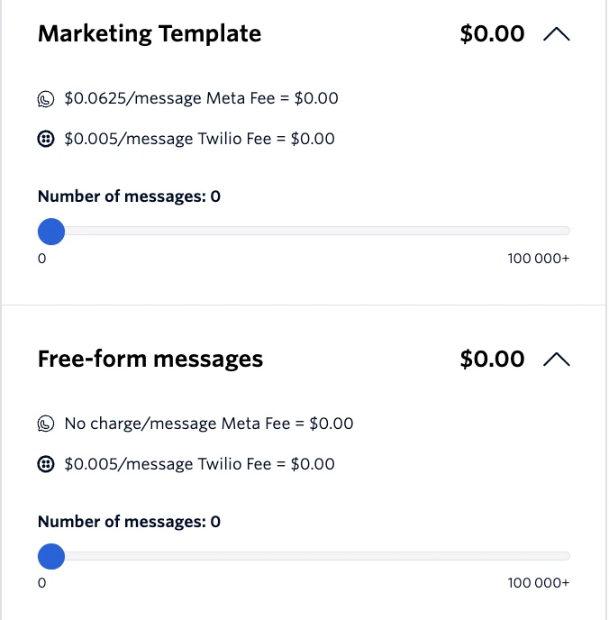 Bloco de mensagens de formato livre na calculadora da Twilio, mostrando taxa da Meta sem cobrança e taxa da Twilio de US$ 0,005 por mensagem.