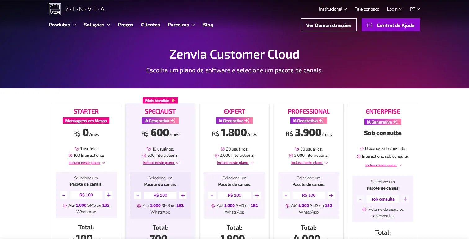 Página de planos da Zenvia Customer Cloud, automação multicanal.