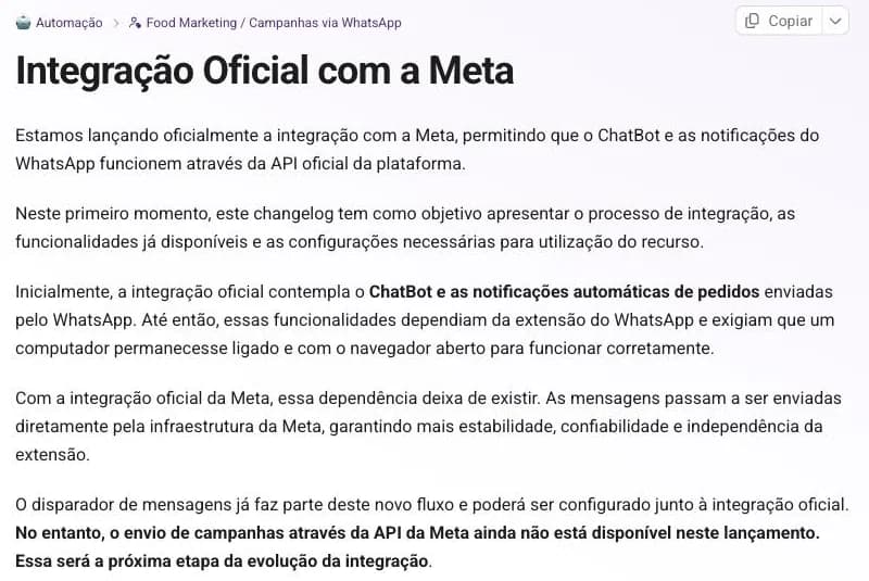 Página da central de ajuda da Cardápio Web anunciando a integração oficial com a Meta para chatbot e notificações de pedidos.