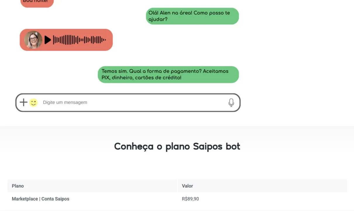 Página do Saipos Bot com exemplo de conversa e a tabela do plano: Marketplace, Conta Saipos, R$ 89,90.