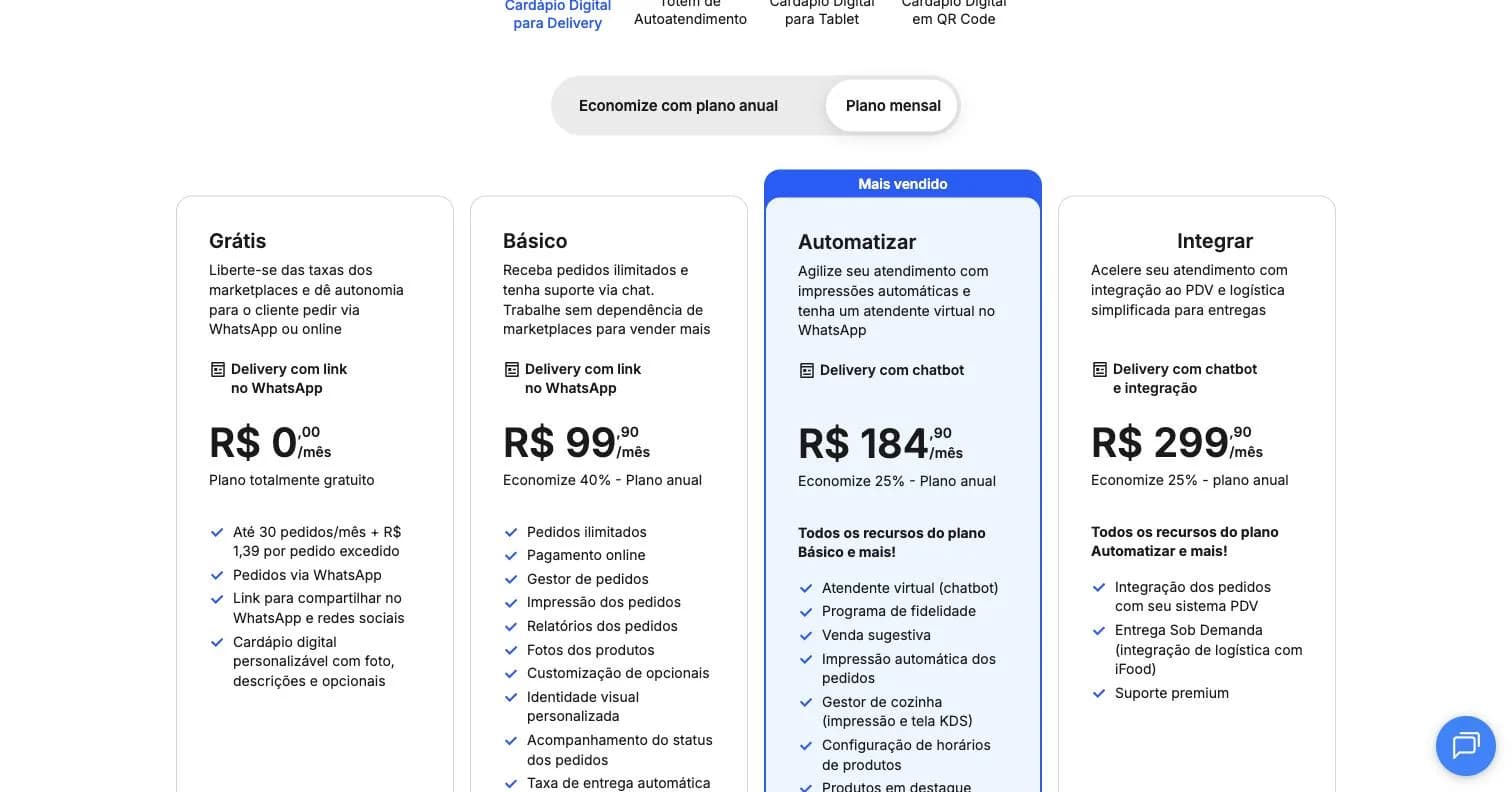 Página de planos da Goomer para cardápio digital de delivery no plano mensal: Grátis, Básico R$ 99,90, Automatizar R$ 184,90 e Integrar R$ 299,90.