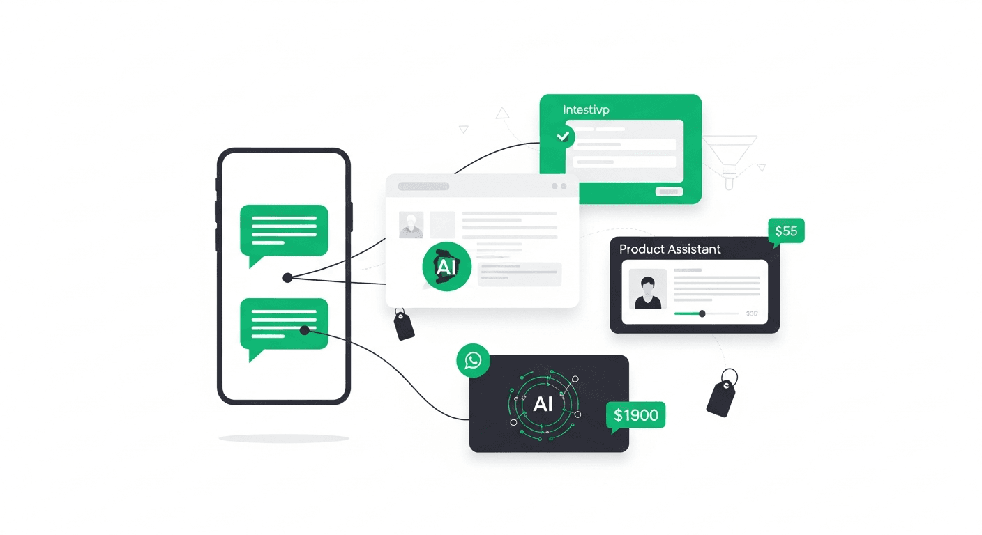Ilustração com um celular exibindo balões de conversa do WhatsApp conectados a cartões de formulário, carrossel de produtos, um agente de IA e etiquetas de preço, nas cores verde e grafite.