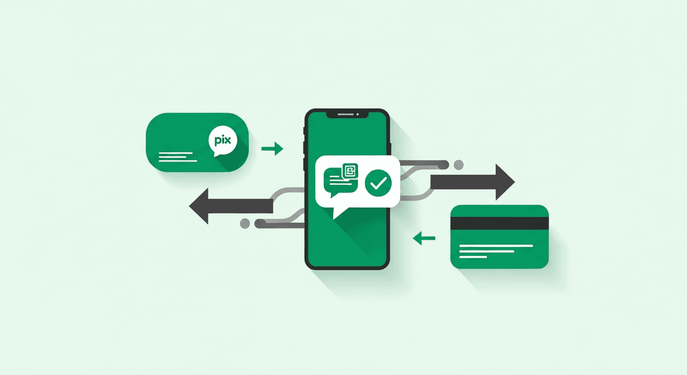 Ilustração de um celular com balão de conversa, símbolo de Pix e setas de transferência entre cartões, nas cores verde e grafite.