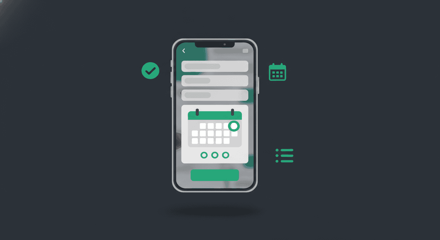 Ilustração de um celular com um formulário interativo do WhatsApp Flows aberto sobre o chat, com campos, calendário e botão de envio.
